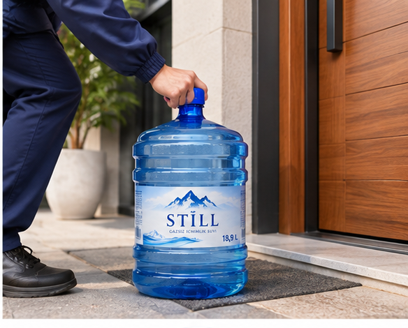 Ko‘k rangli Stillwater 18,9 litrli suv idishi yetkazilmoqda